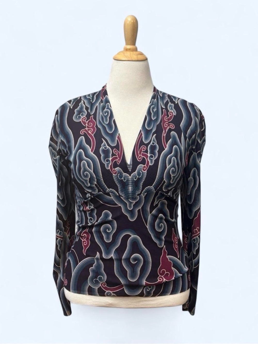 Vivienne Tam XS Vintage Y2K Mesh Sheer Abstract Print Stretch Long Sleeve Blouse - Picture 2 of 7